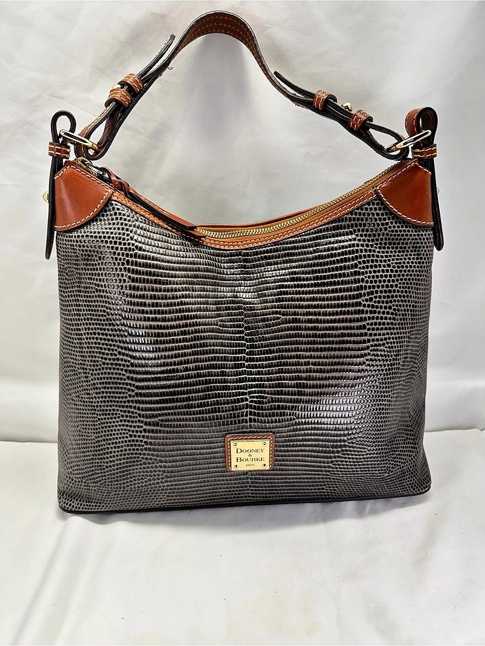 Dooney & Bourke Grey Lizard Embossed Leather Hobo Shoulder Bag